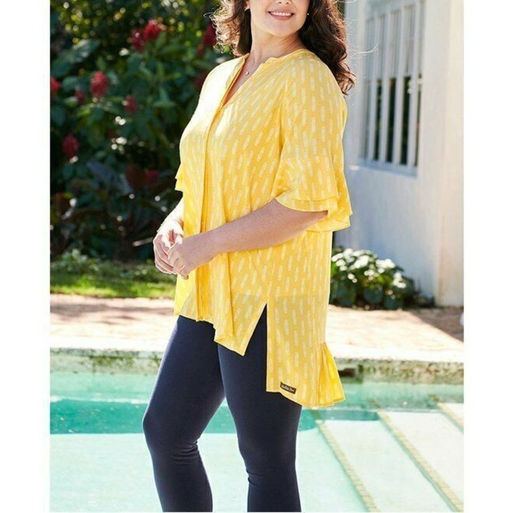 ✨2/$20 Matilda Jane Golden Hour Geometric Hi-Low Top Yellow Ruffle Blouse Small - Picture 4 of 6